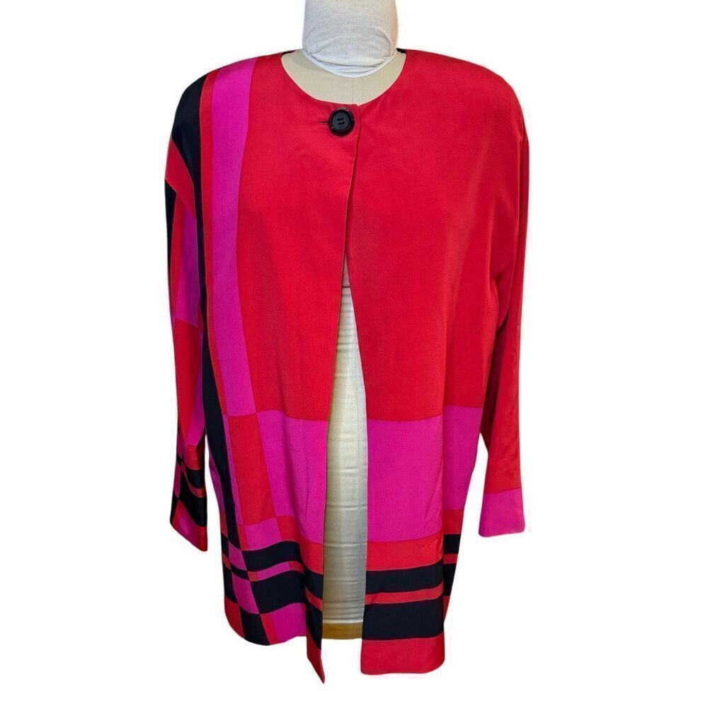 Peter Nygard 100% Silk Jacket Vintage Red/Pink/Black Sz. S Lightweight Packable